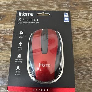 iHome Wired USB Optical Mouse for Mac Windows  3-Button Scroll Wheel RED